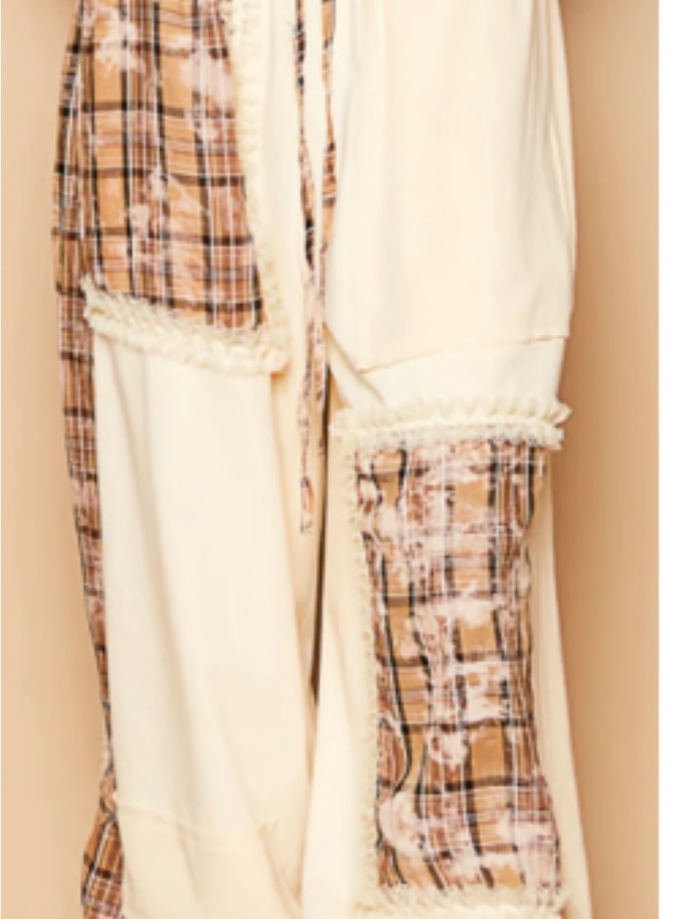 POL Cream Wide-Leg Pants with Tan Plaid Patchwork